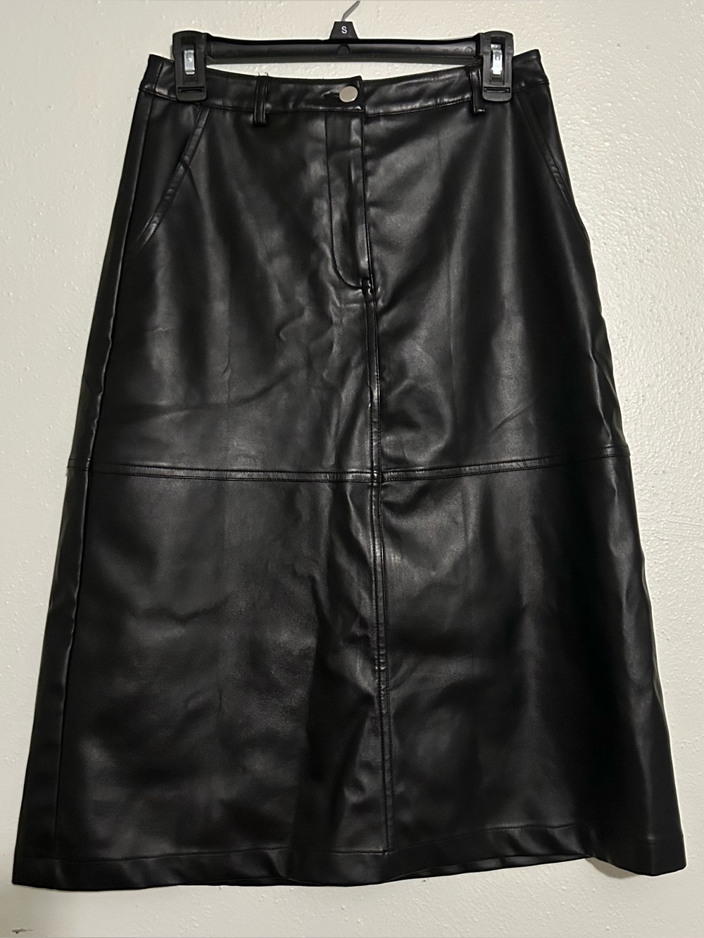 Lulus Women’s Faux Leather Midi A-line Skirt Black Lined Pockets Zip Small